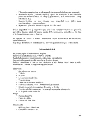 •
•

•

Pilocarpina	
  o	
  cevimelina:	
  ayuda	
  a	
  manifestaciones	
  del	
  síndrome	
  de	
  sequedad.	
  
Hidroxicloroquina	
   (200-­‐400	
   mg/día):	
   ayuda	
   en	
   artralgias.	
   A	
   esto	
   también	
  
puede	
   ser	
   metotrexato	
   (0.2-­‐0.3	
   mg/kg	
   por	
   semana)	
   mas	
   prednisolona	
   (10mg	
  
inferidos	
  al	
  día)	
  
Glucocorticoides:	
   no	
   son	
   eficaces	
   para	
   sequedad	
   pero	
   útiles	
   para	
  
manifestaciones	
  extraglandulares.	
  
Hipertrofia	
  glándulas	
  parótidas:	
  aplicación	
  calor	
  local.	
  

•
	
  
SICCA:	
   sequedad	
   boca	
   y	
   sequedad	
   ojos,	
   con	
   o	
   sin	
   aumento	
   volumen	
   de	
   glándula	
  
parotídea.	
   Causas:	
   edad,	
   fármacos,	
   estrés,	
   DM,	
   sarcoidosis,	
   amiloidosos.	
   No	
   hay	
  
criterios	
  autoinmunes,	
  no	
  es	
  Sjogren	
  	
  
	
  
Sd	
   Sjogren	
   se	
   asocia	
   a	
   artritis	
   reumatoide,	
   lupus	
   eritematoso,	
   esclerodermia,	
  
dermatomiositis.	
  	
  
Hay	
  riesgo	
  de	
  linfoma	
  B:	
  cuidado	
  con	
  una	
  parótida	
  que	
  se	
  hinche	
  y	
  no	
  se	
  deshinche.	
  	
  
	
  
	
  
Enfermedad	
  de	
  Still	
  
	
  
En	
  jóvenes,	
  igual	
  en	
  hombres	
  que	
  mujeres.	
  	
  
Poliartritis	
  con	
  fiebre	
  intensa	
  39-­‐40º	
  en	
  la	
  tarde.	
  
Puede	
  haber	
  proceso	
  infeccioso	
  como	
  odinofagia	
  o	
  amigdalitis.	
  
Hay	
  rash	
  del	
  residente	
  en	
  el	
  tronco.	
  Se	
  ve	
  dermografismo.	
  
Dolores	
   articulares	
   y	
   artritis	
   son	
   similares	
   a	
   AR.	
   Puede	
   tener	
   bazo	
   grande,	
  
adenopatías.	
  También	
  se	
  ve	
  pleuritis	
  y	
  pericarditis.	
  	
  
	
  
Laboratorio	
  
• Anemia	
  normo	
  normo	
  
• VHS	
  alta	
  
• PCR	
  alta	
  
• Leucocitosis:	
  neutrofilia	
  
• Trombocitosis	
  
• Elevación	
  de	
  enzimas	
  hepáticas	
  
• Ferritina:	
  esta	
  alta,	
  sobre	
  1000	
  Ferritina	
  glicosilada.	
  
• Estudio	
  inmunológico	
  negativo:	
  descartar	
  lo	
  demás.	
  
• Estudio	
  radiológico	
  negativo.	
  Hepatoesplenomegalia,	
  adenopatías.	
  	
  
• Es	
  diagnostico	
  de	
  exclusión.	
  	
  
Riesgo	
  
• Monociclica	
  20%	
  
• Policiclica	
  35%	
  
• Evoluacion	
  a	
  AR	
  50%	
  
	
  
Tratamiento	
  
• Aspirina:	
  dosis	
  gigantesca.	
  	
  
• Cortiocides,	
  metotrexato.	
  
	
  

19	
  

 