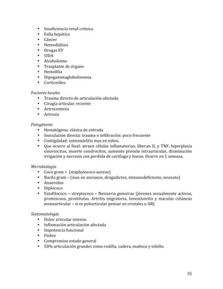 •
•
•
•
•
•
•
•
•
•
•

Insuficiencia	
  renal	
  crónica	
  
Falla	
  hepática	
  
Cáncer	
  
Hemodiálisis	
  
Drogas	
  EV	
  
SIDA	
  
Alcoholismo	
  
Trasplante	
  de	
  órgano	
  
Hemofilia	
  
Hipogammaglobulinemia	
  
Corticoides.	
  

	
  
Factores	
  locales	
  
• Trauma	
  directo	
  de	
  articulación	
  afectada	
  
• Cirugía	
  articular	
  reciente	
  
• Artrocentesis	
  
• Artrosis	
  
	
  
Patogénesis	
  
• Hematógena:	
  clásica	
  de	
  entrada	
  
• Inoculación	
  directa:	
  trauma	
  o	
  infiltración:	
  poco	
  frecuente	
  
• Contigüidad:	
  osteomielitis	
  mas	
  en	
  niños.	
  
• Que	
   ocurre	
   al	
   final:	
   atraen	
   células	
   inflamatorias,	
   liberan	
   IL	
   y	
   TNF,	
   hiperplasia	
  
sinoviocitos,	
  muerte	
  condrocitos,	
  aumento	
  presión	
  intraarticular,	
  disminución	
  
irrigación	
  y	
  necrosis	
  con	
  perdida	
  de	
  cartílago	
  y	
  hueso.	
  Ocurre	
  en	
  1	
  semana.	
  
	
  
Microbiología	
  
• Coco	
  gram	
  +	
  	
  (staphylococo	
  aureus)	
  
• Bacilo	
  gram	
  –	
  (mas	
  en	
  ancianos,	
  drogadictos,	
  inmunodeficiente,	
  neonato)	
  
• Anaerobio	
  
• Diplococo	
  
• Estafilococo	
  –	
  streptococo	
  –	
  Neisseria	
  gonorrae	
  (jóvenes	
  sexualmente	
  activos,	
  
promiscuos,	
   prostitutas.	
   Artritis	
   migratoria,	
   tenosinovitis	
   y	
   maculas	
   cutáneas	
  
monoarticular	
  –	
  si	
  es	
  poliarticular	
  pensar	
  en	
  cristales	
  o	
  AR)	
  
	
  
Sintomatología	
  
• Dolor	
  articular	
  intenso	
  
• Inflamación	
  articulación	
  afectada	
  
• Impotencia	
  funcional	
  
• Fiebre	
  
• Compromiso	
  estado	
  general	
  
• 50%	
  articulación	
  grandes	
  como	
  rodilla,	
  cadera,	
  muñeca	
  y	
  tobillo.	
  
	
  
	
  

	
  

35	
  

 