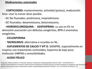 Medicamentos autorizados
- CORTICOIDES: mantenimiento, actividad (pulsos), maduración
fetal. Usar la menor dosis posible.
- GC No fluorados: prednisona, meprednisona.
- GC fluorados: dexametasona, betametasona.
- HIDROXICLOROQUINA: - AZATIOPRINA: su uso en EII no
demostró asociación con defectos congénitos, BPN ó anomalias
congénitas.
- CICLOSPORINA
- TACROLIMUS: alternativa o recaídas en NL.
- SUPLEMENTOS DE CALCIO Y VIT D: SIEMPRE, especialmente en
mujeres con tratamiento corticoideo, heparina de bajo peso
molecular (HBPM) y comorbilidades.
- ACIDO FÓLICO
Pregnancy related problems in rheumatic diseases, including the antiphospholipid syndrome 2016 – EULAR Module 19
EULAR recommendations for women’s health and the management of family planning, assisted reproduction, pregnancy and menopause in
patients with systemic lupus erythematosus and/or antiphospholipid syndrome Andreoli L, et al. Ann Rheum Dis 2016;0:1–10.
 