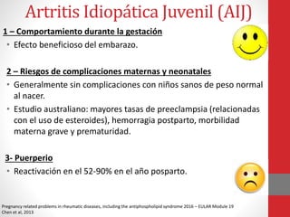 Artritis Idiopática Juvenil (AIJ)
1 – Comportamiento durante la gestación
• Efecto beneficioso del embarazo.
2 – Riesgos de complicaciones maternas y neonatales
• Generalmente sin complicaciones con niños sanos de peso normal
al nacer.
• Estudio australiano: mayores tasas de preeclampsia (relacionadas
con el uso de esteroides), hemorragia postparto, morbilidad
materna grave y prematuridad.
3- Puerperio
• Reactivación en el 52-90% en el año posparto.
Pregnancy related problems in rheumatic diseases, including the antiphospholipid syndrome 2016 – EULAR Module 19
Chen et al, 2013
 