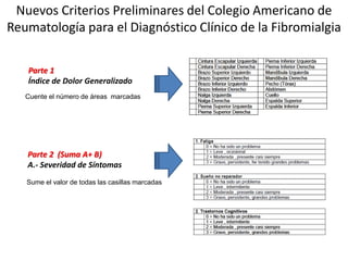 Nuevos Criterios Preliminares del Colegio Americano de
Reumatología para el Diagnóstico Clínico de la Fibromialgia
Parte 1
Índice de Dolor Generalizado
Parte 2 (Suma A+ B)
A.- Severidad de Síntomas
Sume el valor de todas las casillas marcadas
Cuente el número de áreas marcadas
Wolfe F, et al. The American College of Rheumatology preliminary diagnostic criteria for fibromyalgia and measurement of symptom severity.
Arthritis Care Res (Hoboken). 2010 May;62(5):600-10.
 