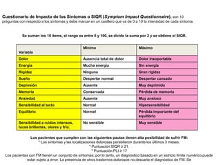 Cuestionario de Impacto de los Síntomas o SIQR (Symptom Impact Questionnaire), son 10
preguntas con respecto a los síntomas y debe marcar en un casillero que va de 0 a 10 la intensidad de cada síntoma.
Variable
Mínimo Máximo
Dolor Ausencia total de dolor Dolor insoportable
Energía Mucha energía Sin energía
Rigidez Ninguna Gran rigidez
Sueño Despertar normal Despertar cansado
Depresión Ausente Muy deprimido
Memoria Conservada Pérdida de memoria
Ansiedad Ausente Muy ansioso
Sensibilidad al tacto Normal Hipersensibilidad
Equilibrio Normal Pérdida importante del
equilibrio
Sensibilidad a ruidos intensos,
luces brillantes, olores y frio.
No sensible Muy sensible
Se suman los 10 ítems, el rango es entre 0 y 100, se divide la suma por 2 y se obtiene el SIQR.
Los pacientes que cumplen con las siguientes pautas tienen alta posibilidad de sufrir FM:
* Los síntomas y las localizaciones dolorosas persistieron durante los últimos 3 meses.
* Puntuación SIQR ≥ 21.
* Puntuación PLI ≥ 17
Los pacientes con FM tienen un conjunto de síntomas; por lo tanto, un diagnóstico basado en un estricto límite numérico puede
estar sujeto a error. La presencia de otros trastornos dolorosos no descarta el diagnóstico de FM. Se
 