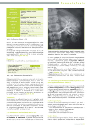 R e u m a t o l o g í a
ÓRGANO (%)

MANIFESTACIÓN CLÍNICA

RENAL (60-70)
MÁS FRECUENTE

- Proteinuria (síndrome nefrótico)
- Hematuria
- I. renal
- HTA

MÚSCULOESQUELÉTICA
(50-60)

Artralgias-mialgias, poliartritis no
deformante

CUTÁNEO (50)

Púrpura palpable, lívedo reticularis
infartos piel, acrocianosis, gangrena digital

SNP (50)

Mononeuritis múltiple, PN sensitivo-motora

GI (40)

Dolor abdominal, ↑ F. alcalinas, colecistitis.

CORAZÓN (30)
GENITOURINARIO (25)
OJOS

I. cardíaca, IAM, pericarditis
Dolor testicular
Hemorragias / exudados retinianos

Tabla 2. Manifestaciones clínicas de la PAN.

ferritina, etc.), leucocitosis con neutrofilia sin eosinofilia. Puede
detectarse hipergammaglobulinemia, FR, crioglobulinas e inmunocomplejos circulantes. Los valores de complemento (C3 y C4)
pueden estar disminuidos por consumo en fase aguda de la enfermedad.
En un 20-30% de los pacientes existen marcadores del virus de
la hepatitis B. Los anticuerpos antinucleares (ANA) rara vez son
positivos y los ANCA son + en el 30%, siendo la variedad pANCA la más común (MIR 00F, 96).

Diagnóstico
Debe tenerse en cuenta ante las siguientes situaciones:
- Fiebre de origen desconocido
La gran simuladora
- Cuadro multisistémico
- Síntomas isquémicos en cualquier localización, sobre todo en jóvenes
- Púrpura palpable y/o nódulos cutáneos con necrosis
- Mononeuritis múltiple
- Glomerulonefritis

Tabla 3. Datos clínicos que deben hacer sospechar PAN.

El diagnóstico definitivo se establece mediante la confirmación
histológica (biopsias superficiales de piel, músculo, nervio periférico…o profunda- de riñón o hígado). Dado el carácter segmentario de las lesiones, una biopsia negativa no excluye el
diagnóstico, estando indicada la realización de una arteriografía
selectiva abdominal (tronco celíaco y arterias renales) apareciendo microaneurismas en el 70% de casos aunque no son
específicos, su presencia en el contexto de un cuadro clínico
compatible permite establecer el diagnóstico (en los casos en
los que la biopsia no sea posible) (MIR 08, 81).

Tratamiento
Los corticoides son la base del tratamiento (1mg/Kg/día). La administración de inmunosupresores (fundamentalmente la ciclofosfamida) está indicada: inicialmente en caso de afectación
severa, en caso de ausencia de respuesta a corticoides y como
fármacos “ahorradores de corticoides”. El pronóstico es malo
sin tratamiento (supervivencia del 15% a los 5 años sin tratamiento frente al 90% con tratamiento).

3.2.- Poliangeitis microscópica (MIR 07, 97)
Vasculitis necrotizante sistémica, que afecta a pequeños vasos
sin formación de aneurismas. Las lesiones anatomopatológicas se encuentran en el mismo estadio y cursa con leucocitocla-

Figura 3. Arteriografía en un enfermo con PAN. Nótese la presencia de aneurismas en las arterias de mediano calibre. Hallazgos similares pueden apreciarse en
la vasculatura mesentérica, sobre todo en la arteria hepática.

sia (restos nucleares de neutrófilos). Presenta manifestaciones
comunes a la PAN clásica, salvo que la glomerulonefritis es muy
frecuente y que a menudo aparece una capilaritis pulmonar.
Las manifestaciones más frecuentes son consecuencia de la
afectación cutánea y pulmonar, siendo la complicación más
grave la hemorragia alveolar. La HTA, al contrario que en la PAN
clásica, es rara.
Existe una débil asociación con VHB, y los ANCA son + en más
del 50% de pacientes con patrón p-ANCA fundamentalmente
y c-ANCA (MIR 04, 12).
El tratamiento es similar al anterior y el pronóstico malo sin
tratamiento (supervivencia del 75% a los 5 años con tratamiento).

3.3.- Vasculitis granulomatosa de Churg-Strauss (angeítis y granulomatosis alérgica)
Vasculitis necrotizante sistémica granulomatosa caracterizada
por afectación pulmonar, historia de asma grave y atopia,
infiltración eosinófila tisular e intensa eosinofilia periférica.
Su etiología es desconocida y se acepta que su patogenia es inmunoalérgica por reacción antígeno-anticuerpo mediada por
IgE. Es una forma rara de vasculitis, más frecuente en varones,
(1,5:1) y con predominio en la cuarta década de la vida, aunque
puede aparecer desde la juventud hasta edades avanzadas.

Anatomía patológica
Vasculitis necrotizante sistémica granulomatosa que afecta a
vasos de pequeño y mediano calibre, sobre todo pulmonares. Se
caracteriza por la tríada clásica:
- Vasculitis necrotizante de arterias musculares de pequeño y
mediano calibre, capilares, vénulas y venas.
- Infiltración tisular por eosinófilos.
- Granulomas vasculares y extravasculares.

Cuadro clínico
Las manifestaciones generales del proceso (fiebre, adelgazamiento, malestar general) son similares a las de la PAN clásica,
] VASCULITIS [ 19

 