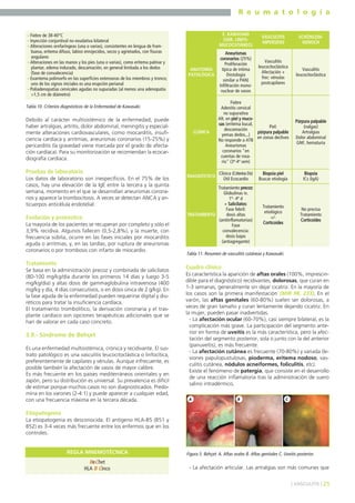 R e u m a t o l o g í a
- Fiebre de 38-40°C
- Inyección conjuntival no exudativa bilateral
- Alteraciones orofaríngeas (una o varias), consistentes en lengua de frambuesa, eritema difuso, labios enrojecidos, secos y agrietados, con fisuras
angulares
- Alteraciones en las manos y los pies (una o varias), como eritema palmar y
plantar, edema indurado, descamación, en general limitada a los dedos
(fase de convalecencia)
- Exantema polimorfo en las superficies extensoras de los miembros y tronco;
uno de los signos iniciales es una erupción perianal
- Poliadenopatías cervicales agudas no supuradas (al menos una adenopatía
>1,5 cm de diámetro)

E. KAWASAKI
(SDR. LINFOMUCOCUTÁNEO)

ANATOMÍA
PATOLÓGICA

Tabla 10. Criterios diagnósticos de la Enfermedad de Kawasaki.

Debido al carácter multisistémico de la enfermedad, puede
haber artralgias, artritis, dolor abdominal, meningitis y especialmente alteraciones cardiovasculares, como miocarditis, insuficiencia cardíaca y arritmias, aneurismas coronarios (15-25%) y
pericarditis (la gravedad viene marcada por el grado de afectación cardíaca). Para su monitorización se recomiendan la ecocardiografía cardíaca.

Pruebas de laboratorio
Los datos de laboratorio son inespecíficos. En el 75% de los
casos, hay una elevación de la IgE entre la tercera y la quinta
semana, momento en el que se desarrollan aneurismas coronarios y aparece la trombocitosis. A veces se detectan ANCA y anticuerpos anticélula endotelial.

Evolución y pronóstico
La mayoría de los pacientes se recuperan por completo y sólo el
3,9% recidiva. Algunos fallecen (0,5-2,8%), y la muerte, con
frecuencia súbita, ocurre en las fases iniciales por miocarditis
aguda o arritmias, y, en las tardías, por ruptura de aneurismas
coronarios o por trombosis con infarto de miocardio.

Tratamiento
Se basa en la administración precoz y combinada de salicilatos
(80-100 mg/kg/día durante los primeros 14 días y luego 3-5
mg/kg/día) y altas dosis de gammaglobulina intravenosa (400
mg/kg y día, 4 días consecutivos, o en dosis única de 2 g/kg). En
la fase aguda de la enfermedad pueden requerirse digital y diuréticos para tratar la insuficiencia cardíaca.
El tratamiento trombolítico, la derivación coronaria y el trasplante cardíaco son opciones terapéuticas adicionales que se
han de valorar en cada caso concreto.

3.9.- Síndrome de Behçet
Es una enfermedad multisistémica, crónica y recidivante. El sustrato patológico es una vasculitis leucocitoclástica o linfocítica,
preferentemente de capilares y vénulas. Aunque infrecuente, es
posible también la afectación de vasos de mayor calibre.
Es más frecuente en los países mediterráneos orientales y en
Japón, pero su distribución es universal. Su prevalencia es difícil
de estimar porque muchos casos no son diagnosticados. Predomina en los varones (2-4:1) y puede aparecer a cualquier edad,
con una frecuencia máxima en la tercera década.

CLÍNICA

DIAGNÓSTICO

VASCULITIS
HIPERSENS

SCHÖNLEINHENOCH

Aneurismas
coronarios (25%)
Proliferación
típica de íntima
(histología
similar a PAN)
Infiltración mononuclear de vasos

Vasculitis
leucocitoclástica
Afectación +
frec: vénulas
postcapilares

Vasculitis
leucocitoclástica

Fiebre
Adenitis cervical
no supurativa
Alt. en piel y mucosas (eritema bucal,
Piel:
descamación
púrpura palpable
yemas dedos,..)
en zonas declives
No responde a ATB
Aneurismas
coronarios "en
cuentas de rosario" (3ª-4ª sem)

Púrpura palpable
(nalgas)
Artralgias
Dolor abdominal
GNF, hematuria

Clínica (Criterios Dx)
Útil Ecocardio

Tratamiento precoz:
Globulinas iv.
1º- 4º d
+ Salicilatos:
Fase febril:
dosis altas
TRATAMIENTO
(antiinflamatorias)
Fase
convalecencia:
dosis bajas
(antiagregante)

Biopsia piel
Buscar etiología

Biopsia
ICs (IgA)

Tratamiento
etiológico
+/Corticoides

No precisa
Tratamiento
Corticoides

Tabla 11. Resumen de vasculitis cutáneas y Kawasaki.

Cuadro clínico
Es característica la aparición de aftas orales (100%, imprescindible para el diagnóstico) recidivantes, dolorosas, que curan en
1-3 semanas, generalmente sin dejar cicatriz. En la mayoría de
los casos son la primera manifestación (MIR 98, 233). En el
varón, las aftas genitales (60-80%) suelen ser dolorosas, a
veces de gran tamaño y curan lentamente dejando cicatriz. En
la mujer, pueden pasar inadvertidas.
- La afectación ocular (60-70%), casi siempre bilateral, es la
complicación más grave. La participación del segmento anterior en forma de uveítis es la más característica, pero la afectación del segmento posterior, sola o junto con la del anterior
(panuveítis), es más frecuente.
- La afectación cutánea es frecuente (70-80%) y variada (lesiones papulopustulosas, pioderma, eritema nodoso, vasculitis cutánea, nódulos acneiformes, foliculitis, etc).
Existe el fenómeno de patergia, que consiste en el desarrollo
de una reacción inflamatoria tras la administración de suero
salino intradérmico.
A

B

C

Etiopatogenia
La etiopatogenia es desconocida. El antígeno HLA-B5 (B51 y
B52) es 3-4 veces más frecuente entre los enfermos que en los
controles.

REGLA MNEMOTÉCNICA

BeChet
HLA B Cinco

Figura 5. Behçet: A. Aftas orales B. Aftas genitales C. Uveitis posterior.

- La afectación articular. Las artralgias son más comunes que
] VASCULITIS [ 25

 