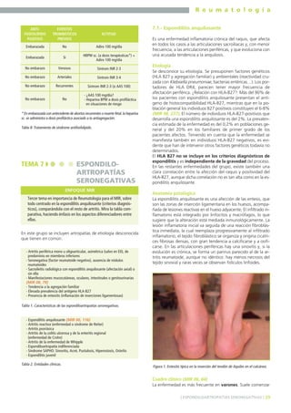 R e u m a t o l o g í a
7.1.- Espondilitis anquilosante

ANTIFOSFOLÍPIDO
POSITIVO

EVENTOS
TROMBÓTICOS
PREVIOS

ACTITUD

Embarazada

No

Adiro 100 mg/día

Embarazada

Si

HBPM sc. (a dosis terapéuticas*) +
Adiro 100 mg/día

No embarazo

Venosos

Sintrom INR 2-3

No embarazo

Arteriales

Sintrom INR 3-4

No embarazo

Recurrentes

Sintrom INR 2-3 (± AAS 100)

No embarazo

No

- ¿AAS 100 mg/día?
- Heparina BPM a dosis profiláctica
en situaciones de riesgo

* En embarazada con antecedente de abortos recurrentes o muerte fetal, la heparina
sc. se administra a dosis profiláctica asociado a la antiagregación.
Tabla 8. Tratamiento de síndrome antifosfolípido.

TEMA 7

ESPONDILOARTROPATÍAS
SERONEGATIVAS
ENFOQUE MIR

Tercer tema en importancia de Reumatología para el MIR, sobre
todo centrado en la espondilitis anquilosante (criterios diagnósticos), comparándola con el resto de artritis. Mira la tabla comparativa, haciendo énfasis en los aspectos diferenciadores entre
ellas.
En este grupo se incluyen artropatías de etiología desconocida
que tienen en común:
- Artritis periférica mono u oligoarticular, asimétrica (salvo en EII), de
predominio en miembros inferiores
- Seronegativa (factor reumatoide negativo), ausencia de nódulos
reumatoides
- Sacroileitis radiológica con espondilitis anquilosante (afectación axial) o
sin ella
- Manifestaciones mucocutáneas, oculares, intestinales o genitourinarias
(MIR 08, 79)
- Tendencia a la agregación familiar
- Elevada prevalencia del antígeno HLA-B27
- Presencia de entesitis (inflamación de inserciones ligamentosas)

Es una enfermedad inflamatoria crónica del raquis, que afecta
en todos los casos a las articulaciones sacroilíacas y, con menor
frecuencia, a las articulaciones periféricas, y que evoluciona con
una acusada tendencia a la anquilosis.

Etiología
Se desconoce su etiología. Se presuponen factores genéticos
(HLA B27 y agregación familiar) y ambientales (reactividad cruzada con Klebsiella pneumoniae, bacterias entéricas…). Los portadores de HLA DR4, parecen tener mayor frecuencia de
afectación periférica. ¿Relación con HLA-B27?: Más del 90% de
los pacientes con espondilitis anquilosante presentan el antígeno de histocompatibilidad HLA-B27, mientras que en la población general los individuos B27 positivos constituyen el 6-8%
(MIR 98, 237). El número de individuos HLA-B27-positivos que
desarrolla una espondilitis anquilosante es del 2%. La prevalencia estimada de la enfermedad es del 0,2% en poblaciones general y del 20% en los familiares de primer grado de los
pacientes afectos. Teniendo en cuenta que la enfermedad se
manifiesta también en individuos HLA-B27 negativos, es evidente que han de intervenir otros factores genéticos todavía no
determinados.
El HLA B27 no se incluye en los criterios diagnósticos de
espondilitis y es independiente de la gravedad del proceso.
En las restantes enfermedades del grupo, existe también una
clara correlación entre la afección del raquis y positividad del
HLA-B27, aunque dicha correlación no es tan alta como en la espondilitis anquilosante.

Anatomía patológica
La espondilitis anquilosante es una afección de las entesis, que
son las zonas de inserción ligamentaria en los huesos, acompañada de lesiones reactivas en el hueso adyacente. El infiltrado inflamatorio está integrado por linfocitos y macrófagos, lo que
sugiere que la alteración está mediada inmunológicamente. La
lesión inflamatoria inicial va seguida de una reacción fibroblástica inmediata, la cual reemplaza progresivamente al infiltrado
inflamatorio; el tejido fibroblástico se organiza y origina cicatrices fibrosas densas, con gran tendencia a calcificarse y a osificarse. En las articulaciones periféricas hay una sinovitis y, si la
evolución es crónica, se forma un pannus parecido al de la artritis reumatoide, aunque no idéntico: hay menos necrosis del
tejido sinovial y raras veces se observan folículos linfoides.

Tabla 1. Características de las espondiloartropatías seronegativas.

- Espondilitis anquilosante (MIR 00, 116)
- Artritis reactiva (enfermedad o síndrome de Reiter)
- Artritis psoriásica
- Artritis de la colitis ulcerosa y de la enteritis regional
(enfermedad de Crohn)
- Artritis de la enfermedad de Whipple
- Espondiloartropatía indiferenciada
- Síndrome SAPHO: Sinovitis, Acné, Pustulosis, Hiperostosis, Osteítis
- Espondilitis juvenil

Tabla 2. Entidades clínicas.

Figura 1. Entesitis típica en la inserción del tendón de Aquiles en el calcáneo.

Cuadro clínico (MIR 06, 84)
La enfermedad es más frecuente en varones. Suele comenzar
] ESPONDILOARTROPATÍAS SERONEGATIVAS [ 39

 