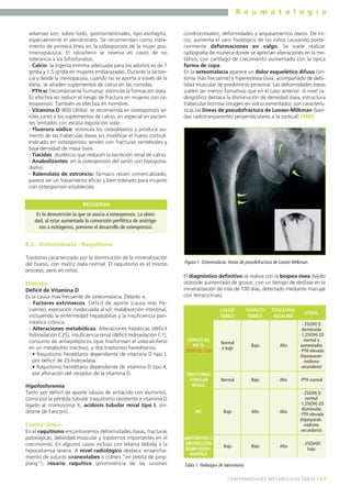 R e u m a t o l o g í a
adversas son, sobre todo, gastrointestinales, tipo esofagitis,
especialmente el alendronato. Se recomiendan como tratamiento de primera línea en la osteoporosis de la mujer postmenopáusica. El raloxifeno se reserva en casos de no
tolerancia a los bifosfonatos.
- Calcio: la ingesta mínima adecuada para los adultos es de 1
gr/día y 1.5 gr/día en mujeres embarazadas. Durante la lactancia y desde la menopausia, cuando no se aporta a través de la
dieta, se añaden suplementos de calcio en las comidas.
- PTH sc (recombinante humana): estimula la formación ósea.
Es efectiva en reducir el riesgo de fractura en mujeres con osteoporosis. También es efectiva en hombres.
- Vitamina D (800 UI/día): se recomienda en osteoporosis seniles junto a los suplementos de calcio, en especial en pacientes limitados con escasa exposición solar.
- Fluoruro sódico: estimula los osteoblastos y produce aumento de las trabéculas óseas sin modificar el hueso cortical.
Indicado en osteoporosis seniles con fracturas vertebrales y
baja densidad de masa ósea.
- Tiacidas: diuréticos que reducen la excreción renal de calcio.
- Anabolizantes: en la osteoporosis del varón con hipogonadismo.
- Ralenolato de estroncio: fármaco recien comercializado,
parece ser un tratamiento eficaz y bien tolerado para mujeres
con osteoporosis establecida.

condrocostales), deformidades y arqueamientos óseos. De inicio, aumenta el varo fisiológico de los niños causando posteriormente deformaciones en valgo. Se suele realizar
radiografía de muñeca donde se aprecian alteraciones en la metáfisis, con cartílago de crecimiento aumentado con la típica
forma de copa.
En la osteomalacia aparece un dolor esquelético difuso (síntoma más frecuente) e hiperestesia ósea, acompañado de debilidad muscular de predominio proximal. Las deformidades óseas
suelen ser menos llamativas que en el caso anterior. A nivel radiográfico destaca la disminución de densidad ósea, estructura
trabecular borrosa (imagen en vidrio esmerilado); son características las líneas de pseudofractura de Looser-Milkman (bandas radiotranparentes perpendiculares a la cortical) (MIR).

RECUERDA
Es la desnutrición la que se asocia a osteoporosis. La obesidad, al estar aumentada la conversión periférica de andrógenos a estrógenos, previene el desarrollo de osteoporosis.

8.2.- Osteomalacia - Raquitismo
Trastorno caracterizado por la disminución de la mineralización
del hueso, con matriz ósea normal. El raquitismo es el mismo
proceso, pero en niños.

Figura 1. Osteomalacia: líneas de pseudofractura de Looser-Milkman.

Etiología

El diagnóstico definitivo se realiza con la biopsia ósea (tejido
osteoide aumentado de grosor, con un tiempo de desfase en la
mineralización de más de 100 días, detectado mediante marcaje
con tetraciclinas).

Déficit de Vitamina D
Es la causa más frecuente de osteomalacia. Debido a:
- Factores extrínsecos. Déficit de aporte (causa más frecuente), exposición inadecuada al sol, malabsorción intestinal,
incluyendo la enfermedad hepatobiliar y la insuficiencia pancreática crónica.
- Alteraciones metabólicas. Alteraciones hepáticas (déficit
hidroxilación C25), insuficiencia renal (déficit hidroxilación C1),
consumo de antiepilépticos (que trasforman el colecalciferol
en un metabolito inactivo), y dos trastornos hereditarios:
• Raquitismo hereditario dependiente de vitamina D tipo I,
por déficit de 25-hidroxilasa.
• Raquitismo hereditario dependiente de vitamina D tipo II,
por alteración del receptor de la vitamina D.
Hipofosforemia
Tanto por déficit de aporte (abuso de antiácido con aluminio),
como por la pérdida tubular (raquitismo resistente a vitamina D
ligado al cromosoma X, acidosis tubular renal tipo I, síndrome de Fanconi).

CALCIO
SÉRICO

FOSFATO
SÉRICO

FOSFATASA
ALCALINA

OTROS

DÉFICIT DE
VIT D.
(MIR 00, 124)

Normal
o bajo

Bajo

Alta

- 25(OH) D
disminuida
- 1,25(OH) 2D
normal o
aumentados
- PTH elevada
(hiperparatiroidismo
secundario)

TRASTORNO
TUBULAR
RENAL

Normal

Bajo

Alta

-PTH normal

IRC

Bajo

Alto

Alta

- 25(OH) D
normal
- 1,25(OH) 2D
disminuida
- PTH elevada
(hiperparatiroidismo
secundario)

HEPATOPATÍA U
OBSTRUCCIÓN
BILIAR EXTRAHEPÁTICA

Bajo

Bajo

Alta

- 25(OH)D
baja

Cuadro clínico
En el raquitismo encontraremos deformidades óseas, fracturas
patológicas, debilidad muscular y trastornos importantes en el
crecimiento. En algunos casos incluso con tetania debida a la
hipocalcemia severa. A nivel radiológico destaca: ensanchamiento de suturas (craneotabes o cráneo “en pelota de pingpong”), rosario raquítico (prominencia de las uniones

Tabla 1. Hallazgos de laboratorio.
] ENFERMEDADES METABÓLICAS ÓSEAS [ 47

 