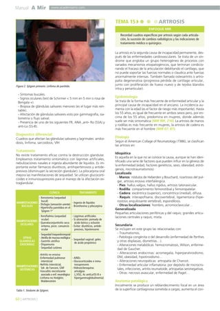 Manual A Mir

www.academiamir.com

TEMA 15

ARTROSIS
ENFOQUE MIR

Recordad cuadros específicos por artrosis según cada articulación, la sucesión de cambios radiológicos y las indicaciones de
tratamiento médico o quirúrgico.
La artrosis es la segunda causa de incapacidad permanente, después de las enfermedades cardiovasculares. Se trata de un síndrome que engloba un grupo heterogéneo de procesos con
variados mecanismos etiopatogénicos, que terminan condicionando el fracaso de la articulación debilitando el cartílago, que
no puede soportar las fuerzas normales o claudica ante fuerzas
anormalmente intensas. También llamada osteoartritis o artropatía degenerativa (progresiva pérdida de cartílago articular,
junto con proliferación de hueso nuevo y de tejidos blandos
intra y periarticular).

Figura 2. Sjögren primario. Linfoma de parótida.

- Síntomas bucales.
- Signos oculares (test de Schirmer < 5 mm en 5 min o rosa de
Bengala +).
- Biopsia de glándulas salivares menores (es el lugar más rentable).
- Afectación de glándulas salivares visto por gammagrafía, sialometría o flujo salival.
- Presencia de uno de los siguientes FR, ANA ,anti- Ro (SSA) y
anti-La (SS-B).

Diagnostico diferencial:
Cuadros que afectan las glándulas salivares y lagrimales: amiloidosis, linfoma, sarcoidosis, VIH

Tratamiento
No existe tratamiento eficaz contra la destrucción glandular.
Empleamos tratamiento sintomático con lágrimas artificiales,
nebulizaciones nasales e ingesta abundante de líquidos. Es importante evitar fármacos diuréticos, antihipertensivos y antidepresivos (disminuyen la secreción glandular). La pilocarpina oral
mejora las manifestaciones de sequedad. Se utilizan glucocorticoides e inmunosupresores para el manejo de la afectación extraglandular.
CLÍNICA

TRATAMIENTO

- Xerostomía (sequedad
bucal)
MANIFESTACIONES
- Ingesta de líquidos
- Disfagia (sensación urente)
BUCALES
- Bromhexina y pilocarpina
- Hipertrofia parotídea en el
Sjögren 1º
- Xeroftalmia (sequedad
- Lágrimas artificiales
ocular)
- Si ulceración: pomada de
MANIFESTACIONES
- Queratoconjuntivitis seca:
ácido bórico y oclusión
OCULARES
eritema, picor, cansancio - Evitar: diuréticos, antideocular
presivos, hipotensores
OTRAS
GLÁNDULAS
EXOCRINAS

- Sequedad traqueobronquial
- Atrofia de mucosa esofágica
- Sequedad vaginal: geles
- Gastritis atrófica
de ácido propiónico
- Dispareunia
- Sequedad cutánea

-Artritis no erosiva
-Enfermedad pulmonar
- AINEs
intersticial
- Glucocorticoides e inmu-Nefritis intersticial,
nosupresores
MANIFESTACIONES
Sdr. de Fanconi, GNF
- Hidroxicloroquina:
SISTÉMICAS
-Vasculitis necrotizante
artralgias
asociado a enf. neurológica (↓VSG, Ac antiLa/SS-B e
-Linfoma no Hodgkin;
hipergammaglobulinemia)
Waldenström

Tabla 1. Síndome de Sjögren.

60 ] ARTROSIS [

Epidemiología
Se trata de la forma más frecuente de enfermedad articular y la
principal causa de incapacidad en el anciano. La incidencia aumenta con la edad (es el factor de riesgo más importante). Hasta
los 55 años, es igual de frecuente en ambos sexos pero, por encima de los 55 años, predomina en mujeres, donde además
suele ser más sintomática (MIR 99F, 210). La artrosis de manos
y rodillas es más frecuente en mujeres, la artrosis de cadera es
más frecuente en el hombre (MIR 07, 87).

Etiología
Según el American Collage of Reumatology (1986), se clasifican
las artrosis en:
Idiopática
Es aquella en la que no se conoce la causa, aunque se han identificado una serie de factores que pueden influir en la génesis de
la enfermedad (edad, factores genéticos, sexo, obesidad, estrógenos, microtraumatismos)
Localizada
- Manos: nódulos de Heberden y Bouchard, rizartrosis del pulgar, artrosis erosiva interfalángica.
- Pies: hallus valgus, hallus rigidus, artrosis talonavicular.
- Rodilla: compartimento femorotibial y femoropatelar.
- Cadera: excéntrica (superior), concéntrica (medial), difusa.
- Raquis: interapofisaria, discovertebral, ligamentaria (hiperostosis anquilosante vertebral), espondilosis.
- Otras localizaciones: hombro, acromioclavicular…
Generalizada
Pequeñas articulaciones periféricas y del raquis; grandes articulaciones centrales y raquis; mixta.
Secundaria
Se incluyen en este grupo las relacionadas con:
- Traumatismos.
- Patología congénita o del desarrollo (enfermedad de Perthes
y otras displasias, dismetrías…).
- Alteraciones metabólicas: hemocromatosis, Wilson, enfermedad de Gaucher.
- Alteraciones endocrinas: acromegalia, hiperparatiroidismo,
DM, obesidad, hipotiroidismo…
- Alteraciones neuropáticas: artropatía de Charcot.
- Enfermedad articular inflamatoria: por depósito de microcristales, infecciones, artritis reumatoide, artropatías seronegativas.
- Otras: necrosis avascular, enfermedad de Paget…

Anatomía patológica
Inicialmente se produce un reblandecimiento focal en un área
de la superficie cartilaginosa sometida a cargas; aumenta el con-

 