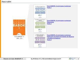 by @rildosan ® | rildo.santos@etecnologia.com.brResumo do Guia BABOK® 3
Para ir além
25
Guia BABOK® 3.
IIBA - 215
Guia BABOK v3 principais mudanças
Definição do Papel de Analista de Negócio
e Análise de Negócio
Parte 3
Guia BABOK v3 principais mudanças
Requisitos
Parte 2
Guia BABOK v3 principais mudanças
Parte 1
 