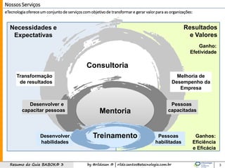 by @rildosan ® | rildo.santos@etecnologia.com.brResumo do Guia BABOK® 3
Mentoria
Nossos Serviços
Treinamento
Consultoria
Desenvolver e
capacitar pessoas
Desenvolver
habilidades
Pessoas
capacitadas
Pessoas
habilitadas
Necessidades e
Expectativas
eTecnologia ofereceum conjuntode serviços com objetivo de transformar e gerar valor para as organizações:
Resultados
e Valores
Ganhos:
Eficiência
e Eficácia
Ganho:
Efetividade
3
Transformação
de resultados
Melhoria de
Desempenho da
Empresa
 