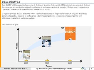 by @rildosan ® | rildo.santos@etecnologia.com.brResumo do Guia BABOK® 3 8
O Guia BABOK® 3.0
Guia BABOK® v3 é Corpo de Conhecimento de Análise de Negócio, ele é mantido IIBA (Instituto Internacional de Análise)
é considerado um padrão internacional reconhecido de prática para análise de negócios. Ele incorpora a conhecimento
coletivo e a experiência de especialistas na área de todo o mundo.
O objetivo principal do Guia BABOK® é definir a profissão de Analista de Negócio e fornecer um conjunto de práticas
comumente aceitas. Ele ajuda os profissionais a definir as competências necessárias para desempenhar com
efetividade o trabalho de análise de negócio.
Veja evolução do guia:
201520092005
V1
V2
V3
Tempo
Versão
 