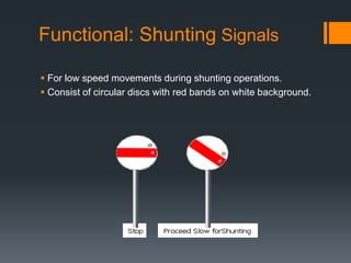 Functional: Shunting Signals
 For low speed movements during shunting operations.
 Consist of circular discs with red bands on white background.
 