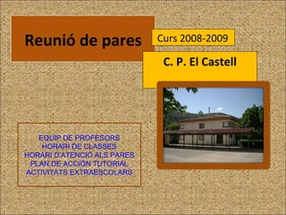 Reunió de pares C. P. El Castell Curs 2008-2009 EQUIP DE PROFESORS HORARI DE CLASSES HORARI D’ATENCIÓ ALS PARES PLAN DE ACCIÓN TUTORIAL ACTIVITATS EXTRAESCOLARS 