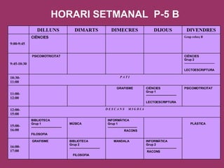 HORARI SETMANAL  P-5 B INFORMÀTICA Grup 2 ------------------------------ RACONS    MANDALA BIBLIOTECA Grup 2 ------------------------------ FILOSOFIA GRAFISME 16:00-17:00 PLÀSTICA   INFORMÀTICA Grup 1 ----------------------------- RACONS MÚSICA BIBLIOTECA Grup 1 ------------------------------ FILOSOFIA 15:00-16:00 D E S C A N S  M I G D I A 12:00-15:00 PSICOMOTRICITAT CIÈNCIES Grup 1 ------------------------------ LECTOESCRIPTURA GRAFISME     11:00-12:00 P A T I 10:30-11:00 CIÈNCIES Grup 2 ------------------------------  LECTOESCRIPTURA     PSICOMOTRICITAT 9:45-10:30 Grup reforç B   CIÈNCIES 9:00-9:45 DIVENDRES DIJOUS DIMECRES DIMARTS DILLUNS   