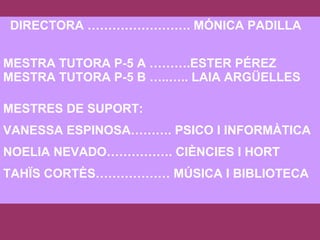 DIRECTORA ……………………. MÓNICA PADILLA MESTRA TUTORA P-5 A ……….ESTER PÉREZ MESTRA TUTORA P-5 B …..….. LAIA ARGÜELLES MESTRES DE SUPORT: VANESSA ESPINOSA………. PSICO I INFORMÀTICA NOELIA NEVADO……………. CIÈNCIES I HORT TAHÏS CORTÈS……………… MÚSICA I BIBLIOTECA 