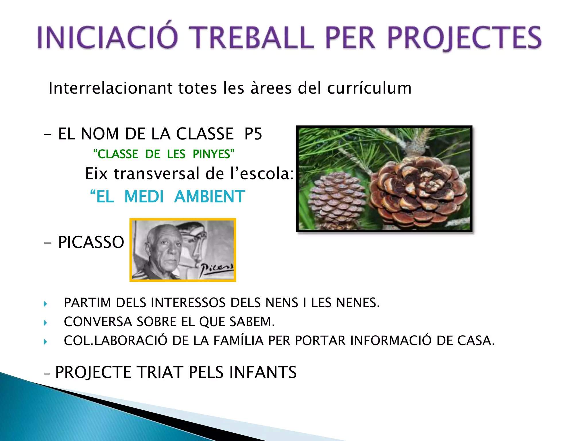 Interrelacionant totes les àrees del currículum
- EL NOM DE LA CLASSE P5
“CLASSE DE LES PINYES”
Eix transversal de l’escola:
“EL MEDI AMBIENT
- PICASSO
 PARTIM DELS INTERESSOS DELS NENS I LES NENES.
 CONVERSA SOBRE EL QUE SABEM.
 COL.LABORACIÓ DE LA FAMÍLIA PER PORTAR INFORMACIÓ DE CASA.
- PROJECTE TRIAT PELS INFANTS
 