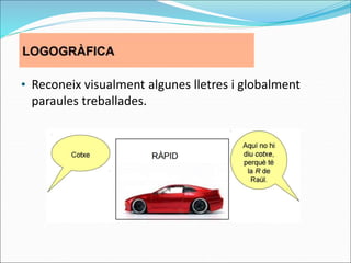 • Reconeix visualment algunes lletres i globalment
paraules treballades.
 