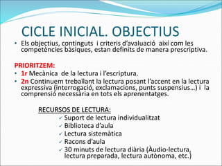 • Els objectius, continguts i criteris d’avaluació així com les
competències bàsiques, estan definits de manera prescriptiva.
PRIORITZEM:
• 1r Mecànica de la lectura i l’escriptura.
• 2n Continuem treballant la lectura posant l’accent en la lectura
expressiva (interrogació, exclamacions, punts suspensius…) i la
comprensió necessària en tots els aprenentatges.
RECURSOS DE LECTURA:
 Suport de lectura individualitzat
 Biblioteca d’aula
 Lectura sistemàtica
 Racons d’aula
 30 minuts de lectura diària (Àudio-lectura,
lectura preparada, lectura autònoma, etc.)
CICLE INICIAL. OBJECTIUS
 