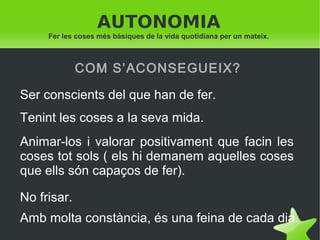 AUTONOMIA
Fer les coses més bàsiques de la vida quotidiana per un mateix.

COM S’ACONSEGUEIX?
Ser conscients del que han de fer.
Tenint les coses a la seva mida.
Animar-los i valorar positivament que facin les
coses tot sols ( els hi demanem aquelles coses
que ells són capaços de fer).
No frisar.
Amb molta constància, és una feina de cada dia.
 

 

 