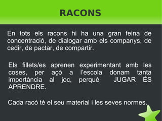 RACONS
En tots els racons hi ha una gran feina de
concentració, de dialogar amb els companys, de
cedir, de pactar, de compartir.
Els fillets/es aprenen experimentant amb les
coses, per açò a l’escola donam tanta
importància al joc, perquè
JUGAR ÉS
APRENDRE.
Cada racó té el seu material i les seves normes.
 

 

 