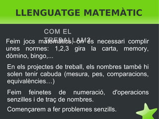 LLENGUATGE MATEMÀTIC
COM EL
TREBALLAM?
Feim jocs matemàtics, on és necessari complir
unes normes: 1,2,3 gira la carta, memory,
dòmino, bingo,...
En els projectes de treball, els nombres també hi
solen tenir cabuda (mesura, pes, comparacions,
equivalències…)
Feim feinetes de numeració,
senzilles i de traç de nombres.

d'operacions

Començarem a fer problemes senzills.
 

 

 
