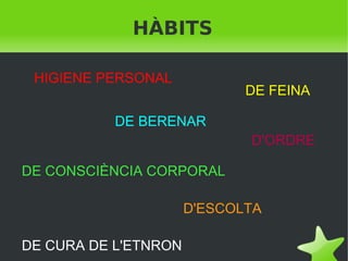 HÀBITS
HIGIENE PERSONAL

DE FEINA

DE BERENAR
D'ORDRE
DE CONSCIÈNCIA CORPORAL
D'ESCOLTA
 

DE CURA DE L'ETNRON
 

 