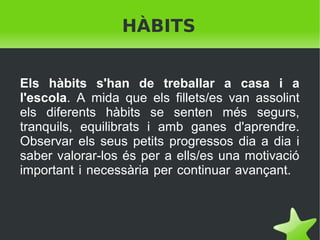 HÀBITS
Els hàbits s'han de treballar a casa i a
l'escola. A mida que els fillets/es van assolint
els diferents hàbits se senten més segurs,
tranquils, equilibrats i amb ganes d'aprendre.
Observar els seus petits progressos dia a dia i
saber valorar-los és per a ells/es una motivació
important i necessària per continuar avançant.

 

 

 