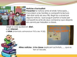 Notícies d’actualitat:
                        Presentar la notícia amb el retall, fotocopia....
                        Convidem a les famílies a compartir la lectura
                        del diari amb els seus fills, llegir-los o ensenyar
                        alguna notícia, i que puguin portar a l'aula per
                        compartir-la amb els seus companys que després
                        ens servirà per treballar a classe.

Llegir a casa qualsevol diari,
o en internet,
o infok (informatiu setmanal en TV3 a les 19,30)




               Altres notícies : A la classe explicant activitats,..... que es
                                 fan a l’escola.
 
