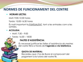 NORMES DE FUNCIONAMENT DEL CENTRE
  HORARI LECTIU:
     Matí: 9:00-12:30 hores
     Tarda: 15:00-16:30 hores
     És molt important la PUNTUALITAT, tant a les entrades com a les
     sortides.
  ACOLLIDA:
       Matí: 7:30 – 9:00
       Tarda: 16:30 – 18:00

               FALTES D’ASSISTÈNCIA:
              És necessari justificar les faltes d’assistència als mestres
     d        del vostre fill/a a través de l’agenda o via telefònica.

                  QUOTA DE MATERIAL:
                  Recordeu que s’ha de lliurar el comprovant del
                  pagament a la tutora del vostre fill.
 