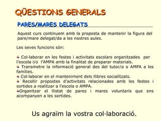 PARES/MARES DELEGATSPARES/MARES DELEGATS
Aquest curs continuem amb la proposta de mantenir la figura del
pare/mare delegat/da a les nostres aules.
Les seves funcions són:
Col·laborar en les festes i activitats escolars organitzades per
l’escola i/o l’AMPA amb la finalitat de preparar materials.
Transmetre la informació general des del tutor/a o AMPA a les
famílies.
Col·laborar en el manteniment dels llibres socialitzats.
Recollir propostes d'activitats relacionades amb les festes i
sortides a realitzar a l'escola o AMPA.
Organitzar el llistat de pares i mares voluntaris que ens
acompanyen a les sortides.
Us agraïm la vostra col·laboració.
QÜESTIONS GENERALSQÜESTIONS GENERALS
 