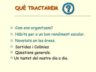  Com ens organitzem?
 Hàbits per a un bon rendiment escolar.
 Novetats en les àrees.
 Sortides i Colònies
 Qüestions generals.
 Un tastet del nostre dia a dia.
QUÈ TRACTAREMQUÈ TRACTAREM
 