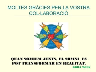 MOLTES GRÀCIES PER LA VOSTRA
COL·LABORACIÓ
QUAN SOMIEM JUNTS, EL SOMNI ES
POT TRANSFORMAR EN REALITAT.
GORA WEIS
 