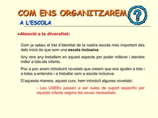 Atenció a la diversitat:
COM ENS ORGANITZAREMCOM ENS ORGANITZAREM
A LA L’’ESCOLAESCOLA
Com ja sabeu el tret d’identitat de la nostra escola més important des
dels inicis és que som una escola inclusiva.
Any rere any treballem en aquest aspecte per poder millorar i atendre
millor a tots els infants.
Poc a poc anem introduint novetats que creiem que ens ajuden a tots i
a totes a entendre i a treballar com a escola inclusiva.
D’aquesta manera, aquest curs, hem introduït algunes novetats:
- Les USEEs passen a ser aules de suport específic per
aquests infants segons les seves necessitats.
 