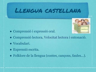 Llengua castellana
● Comprensió i expressió oral.
● Comprensió lectora. Velocitat lectora i entonació.
● Vocabulari.
● Expressió escrita.
● Folklore de la llengua (contes, cançons, faules...).
 