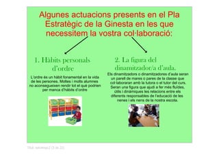 Algunes actuacions presents en el Pla
          Estratègic de la Ginesta en les que
           necessitem la vostra col·laboració:


     1. Hàbits personals                           2. La figura del
          d’ordre                                  dinamitzador/a d’aula.
                                               Els dinamitzadors o dinamitzadores d’aula seran 
  L’ordre és un hàbit fonamental en la vida      un parell de mares o pares de la classe que 
  de les persones. Moltes i molts alumnes       col·laboraran amb la tutora o el tutor del curs. 
 no aconsegueixen rendir tot el què podrien      Seran una figura que ajudi a fer més fluïdes, 
         per manca d’hàbits d’ordre                útils i dinàmiques les relacions entre els 
                                                 diferents responsables de l’educació de les 
                                                     nenes i els nens de la nostra escola.




Títol: estrategic2 (3 de 22)
 
