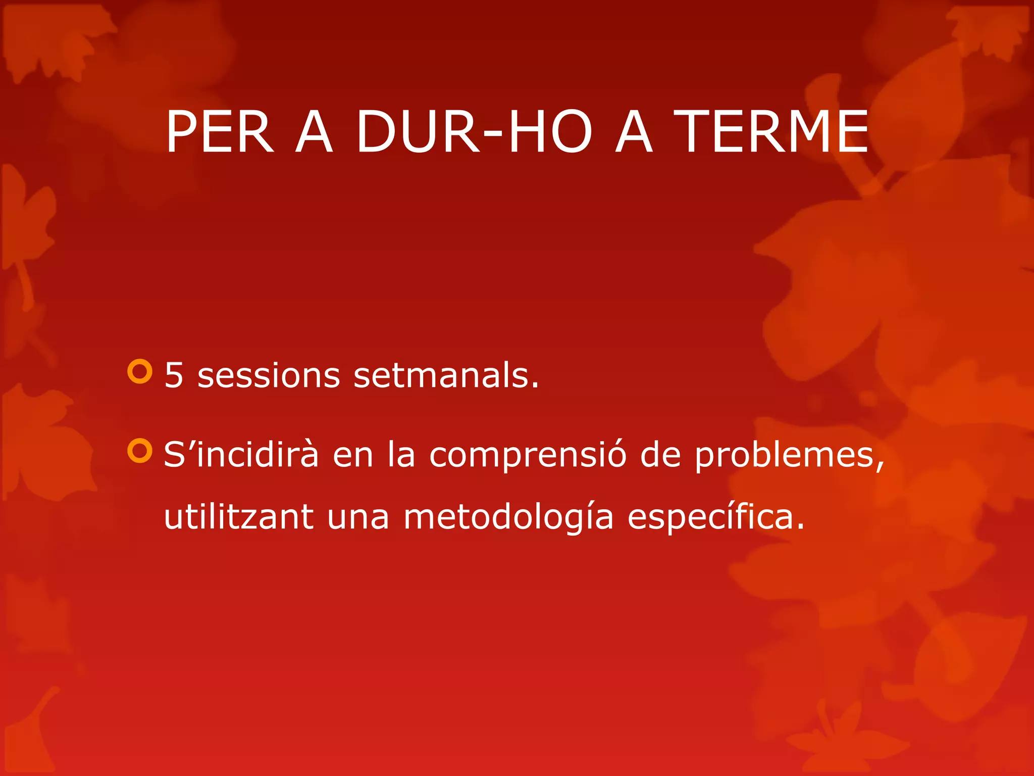 PER A DUR-HO A TERME
 5 sessions setmanals.
 S’incidirà en la comprensió de problemes,
utilitzant una metodología específica.
 