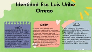 VISIÒN
La escuela Luis Uribe Orrego es
un establecimiento que acoge y
atiende a la diversidad. Fomenta
el aprendizaje integral de los y
las estudiantes, promoviendo la
participación autónoma ,
pensamiento reflexivo y crítico,
con conciencia social y valores
que le permitan desarrollarse
dentro de la sociedad.
MISIÒN
La escuela busca entregar a sus
estudiantes una alternativa educativa y
creativa con el propósito que sean capaces
de comunicar sus ideas, desarrollar
habilidades del pensamiento, mostrándose
respetuosos frente a la diversidad en un
ambiente de sana convivencia, con un
modelo pedagógico que promueve el
aprendizaje con sentido, desarrollando
capacidades en el ámbito artístico -
deportivo, que orienten y definan su futuro
personal y académico
SELLO
El sello educativo de nuestro
establecimiento fortalece instancias
de participación de los y las
estudiantes en las áreas Artístico-
Deportivo, permitiéndoles un a
integración social en sana convivencia
según sus capacidades y habilidades
con el objetivo de mejorar sus
aprendizajes y logros académicos.
 