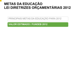 9
Object 1




           METAS DA EDUCAÇÃO
           LEI DIRETRIZES ORÇAMENTÁRIAS 2012


             PRINCIPAIS METAS DA EDUCAÇÃO PARA 2012

             VALOR ESTIMADO / FUNDEB 2012
 