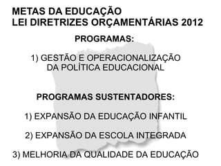 METAS DA EDUCAÇÃO
LEI DIRETRIZES ORÇAMENTÁRIAS 2012
            PROGRAMAS:

   1) GESTÃO E OPERACIONALIZAÇÃO
       DA POLÍTICA EDUCACIONAL


    PROGRAMAS SUSTENTADORES:

  1) EXPANSÃO DA EDUCAÇÃO INFANTIL

  2) EXPANSÃO DA ESCOLA INTEGRADA

3) MELHORIA DA QUALIDADE DA EDUCAÇÃO
 
