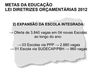 METAS DA EDUCAÇÃO
LEI DIRETRIZES ORÇAMENTÁRIAS 2012


   2) EXPANSÃO DA ESCOLA INTEGRADA:

 → Oferta de 3.840 vagas em 04 novas Escolas
               ao longo do ano:

     → 03 Escolas via PPP → 2.880 vagas
  → 01 Escola via SUDECAP/PBH → 960 vagas
 