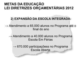 METAS DA EDUCAÇÃO
LEI DIRETRIZES ORÇAMENTÁRIAS 2012

   2) EXPANSÃO DA ESCOLA INTEGRADA:

→ Atendimento a 65.000 alunos no Programa até o
                  final do ano

  → Atendimento a 40.000 alunos no Programa
              Escola Em Férias

     → 670.000 participaçõess no Programa
                Escola Aberta
 
