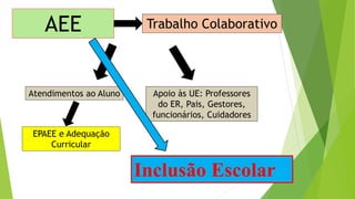 AEE Trabalho Colaborativo
Atendimentos ao Aluno Apoio às UE: Professores
do ER, Pais, Gestores,
funcionários, Cuidadores
EPAEE e Adequação
Curricular
Inclusão Escolar
 