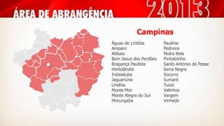 Campinas
Águas de Lindóia
Amparo
Atibaia
Bom Jesus dos Perdões
Bragança Paulista
Hortolândia
Indaiatuba
Jaguariúna
Lindóia
Monte Mor
Monte Alegre do Sul
Morungaba
Paulínia
Pedreira
Pedra Bela
Pinhalzinho
Santo Antonio de Posse
Serra Negra
Socorro
Sumaré
Tuiuti
Valinhos
Vargem
Vinhedo
 