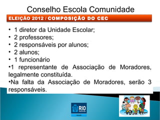 Conselho Escola Comunidade
ELEIÇÃO 2012 / COMPOSIÇÃO DO CEC

• 1 diretor da Unidade Escolar;
• 2 professores;
• 2 responsáveis por alunos;
• 2 alunos;
• 1 funcionário
•1 representante de Associação de Moradores,
legalmente constituída.
•Na falta da Associação de Moradores, serão 3
responsáveis.
 