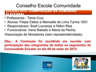 Conselho Escola Comunidade
ELEIÇÃO 2012 / COMPOSIÇÃO DA COMISSÃO
ELEITORAL
• Professores : Tania Cruz
• Alunos: Felipe Clebio e Manoelle de Lima Turma 1501
• Responsáveis: Sueli Lourenço e Nilton Reis
• Funcionários: Irene Rabello e Maria da Penha
•Associação de Moradores (sem representatividade).

Obs.: A Comissão foi escolhida em reunião com
participação dos integrantes de todos os segmentos da
Comunidade Escolar no dia 08 de maio de 2012.
 