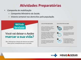 Atividades Preparatórias
• Campanha de mobilização
– Campanha Ministério da Saúde;
– Vistoria semanal nos domicílios pela população.
 