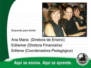 Esquerda para direita:
Ana Maria (Diretora de Ensino)
Edilamar (Diretora Financeira)
Edilene (Coordenadora Pedagógica)
 