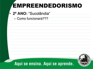EMPREENDEDORISMO
• 2º ANO: “Sucolândia”
– Como funcionará???
 