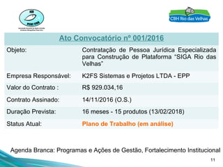 11
Ato Convocatório nº 001/2016
Objeto: Contratação de Pessoa Jurídica Especializada
para Construção de Plataforma “SIGA Rio das
Velhas”
Empresa Responsável: K2FS Sistemas e Projetos LTDA - EPP
Valor do Contrato : R$ 929.034,16
Contrato Assinado: 14/11/2016 (O.S.)
Duração Prevista: 16 meses - 15 produtos (13/02/2018)
Status Atual: Plano de Trabalho (em análise)
Agenda Branca: Programas e Ações de Gestão, Fortalecimento Institucional
 