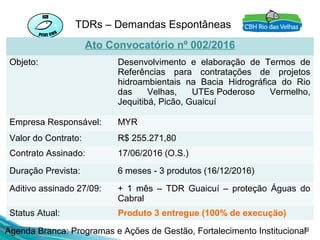 9
TDRs – Demandas Espontâneas
Ato Convocatório nº 002/2016
Objeto: Desenvolvimento e elaboração de Termos de
Referências para contratações de projetos
hidroambientais na Bacia Hidrográfica do Rio
das Velhas, UTEs Poderoso Vermelho,
Jequitibá, Picão, Guaicuí
Empresa Responsável: MYR
Valor do Contrato: R$ 255.271,80
Contrato Assinado: 17/06/2016 (O.S.)
Duração Prevista: 6 meses - 3 produtos (16/12/2016)
Aditivo assinado 27/09: + 1 mês – TDR Guaicuí – proteção Águas do
Cabral
Status Atual: Produto 3 entregue (100% de execução)
Agenda Branca: Programas e Ações de Gestão, Fortalecimento Institucional
 