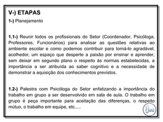 V-) ETAPAS 1-)  Planejamento 1.1-)  Reunir todos os profissionais do Setor (Coordenador, Psicóloga, Professores, Funcionários) para analisar as questões relativas ao ambiente escolar e como podemos contribuir para torná-lo agradável, acolhedor, um espaço que desperte a paixão por ensinar e aprender, sem deixar em segundo plano o respeito às normas estabelecidas, a importância a ser atribuída ao saber cognitivo e a necessidade de demonstrar a aquisição dos conhecimentos previstos. 1.2-)  Palestra com Psicóloga do Setor enfatizando a importância do trabalho em grupo a ser desenvolvido em sala de aula. O trabalho em grupo é peça importante para aceitação das diferenças, o respeito mútuo, o trabalho em equipe, etc..... 